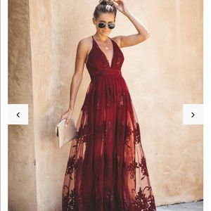 VICI formal maxi dress with tulle overlay in Wine